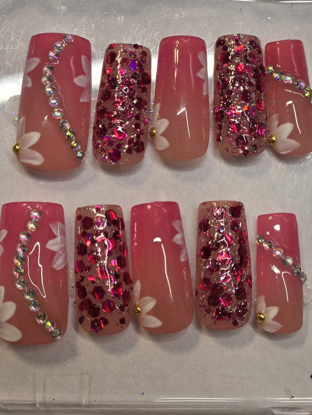 Pink Floral Glitter Press-On Nail Set, Medium Length Square Shape